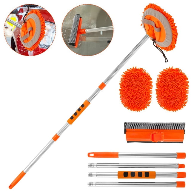 62 Inch Car Wash Mop Mitt with Long Handle Chenille Microfiber Car Cleaning Brush Kit 180° Rotating Extension Pole Windshield Window Squeegee Scratch Cleaning Tool for Car RV Truck Boat