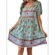 thumbnail image 3 of Vestido Informal de Verano para Mujer, Estilo Bohemio, con Escote en V, Corta, Estampado Floral, Estilo Babydoll, para Playa y Vacaciones. Verde XL, 3 of 10