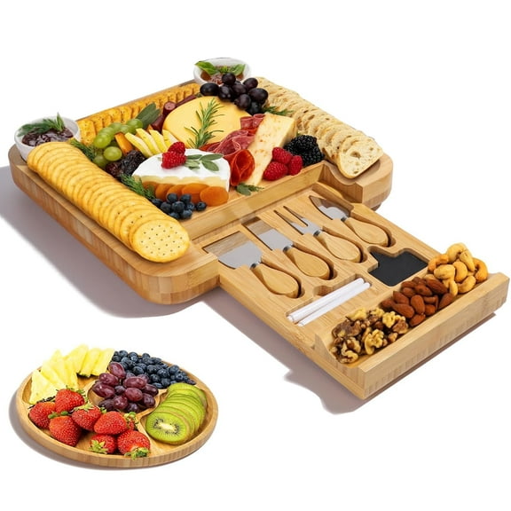 Charcuterie Board Set - Large Bamboo Cheese Board and Knife Set, Serving Tray, Platter for House Warming Gifts New Home, Wedding & Bridal Shower Gift, Birthday Gift for Women