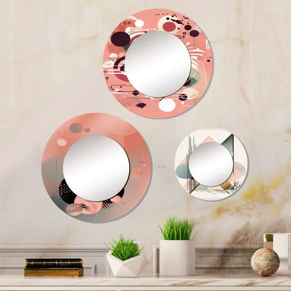 Designart "Transient Grace Pink Minimalism II" Minimalism Round Mirror Set Of 3 - Transitional Pink Hallway Round Mirror Wall Decor Set