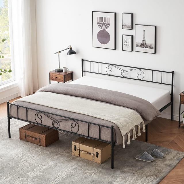Negra king-sized marco de cama con almacenamiento metal marco de cama con vintage pattern cabecero y footboard mattress foundation fácil montaje