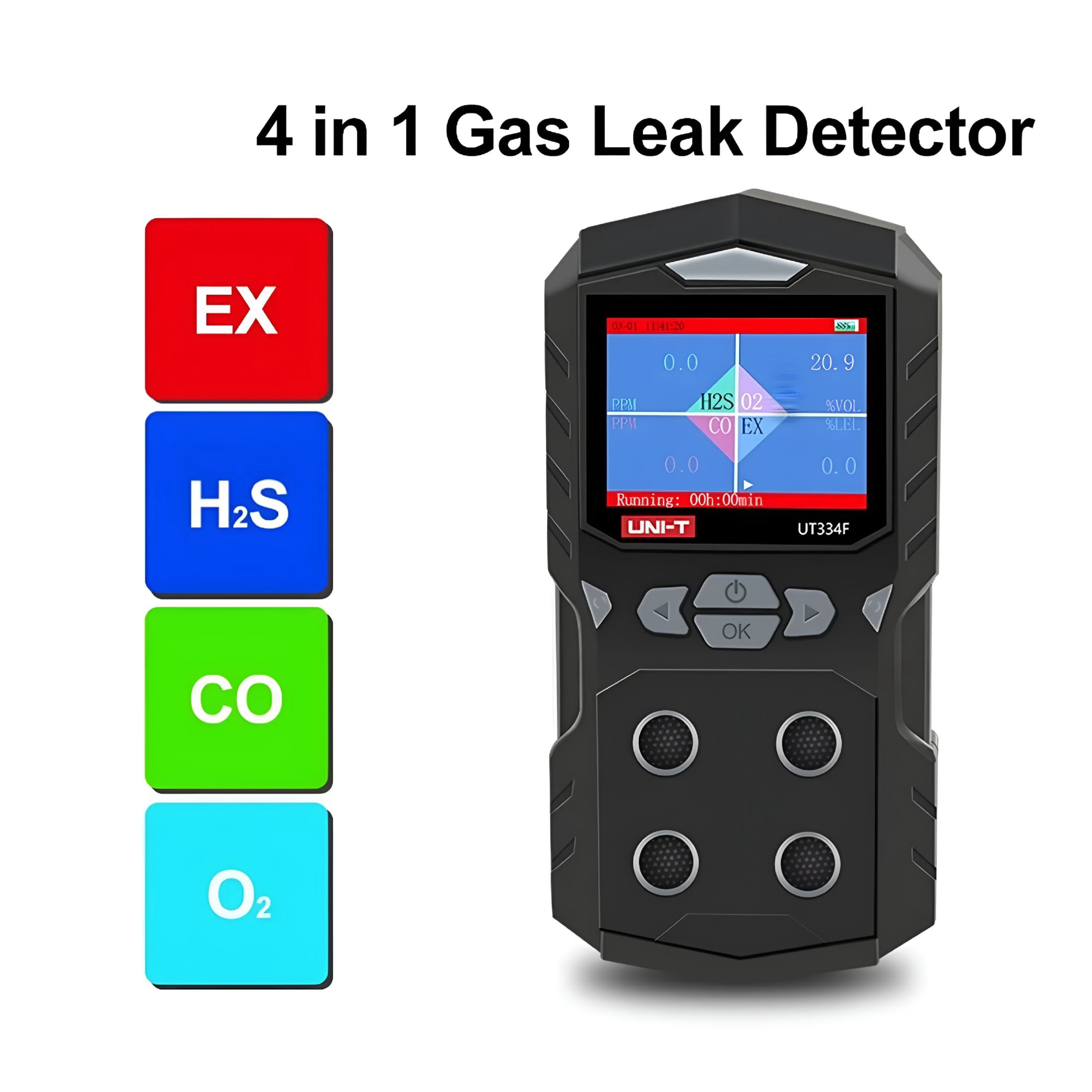 GJX Gas Leak Detector Handheld 4 In 1 Air Quality Monitor Carbon Monoxide Detector H2S O2 EX Gas Tester, Portable