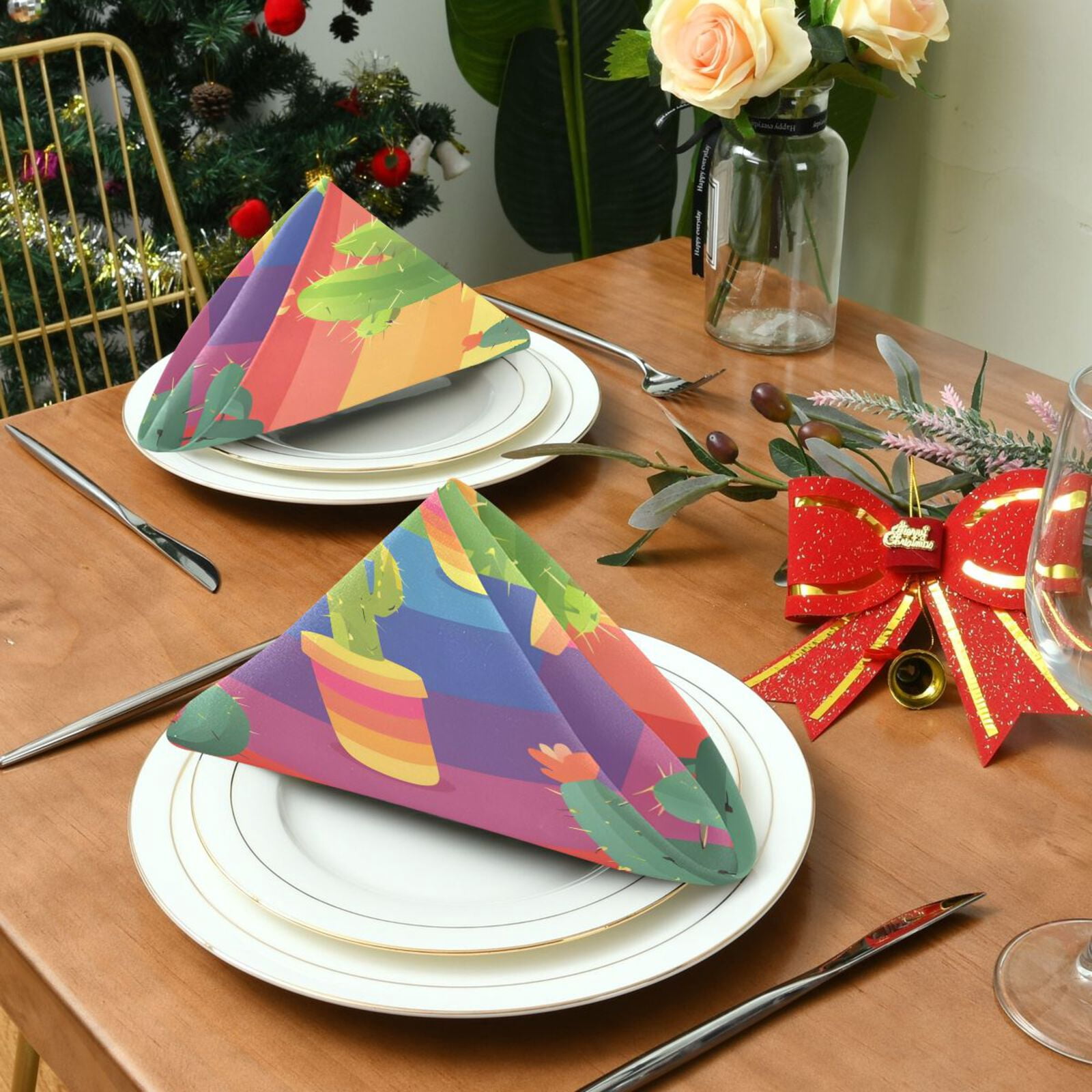 JSTEL Cactus Cacti Rainbow Stripes Cloth Napkins Set of 6, 20x20 Inch Washable and Reusable Napkin for Decoupage Dinner Party Everyday Use