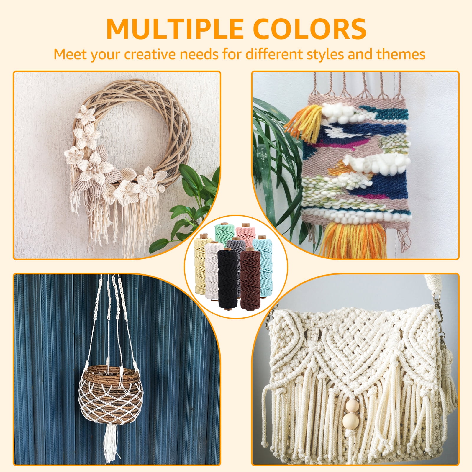 Keyohome 8 Rolls 3mm Colorful Knitting Macrame Cord Wear Resistant Versatile Cotton Twine String for Wall Hanging Plant Hanger Knitting Decorative Project