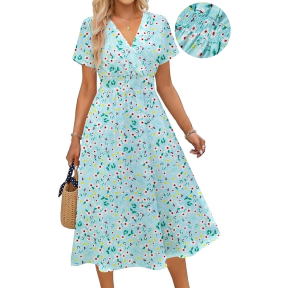 UVN Women Summer Dresses Short Sleeve V Neck A-Line Midi Dress Ladies Boho Beach Floral Print Sundress