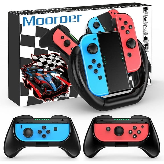 Mooroer Grip Compatible with Nintendo Switch & Switch OLED Joy-Con, Joy-Con Controller Comfort Grip Kit for Nintendo Switch Joy Con, Joy-Con Steering Wheel & Grips, 3 Pack [Black]