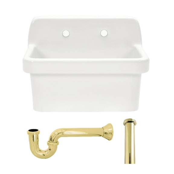 Kingston Brass KGPKWS2419172 Doriteal 24-Inch Ceramic Single Bowl Wall Mount Kitchen Sink with Strainer in White/Polished Brass