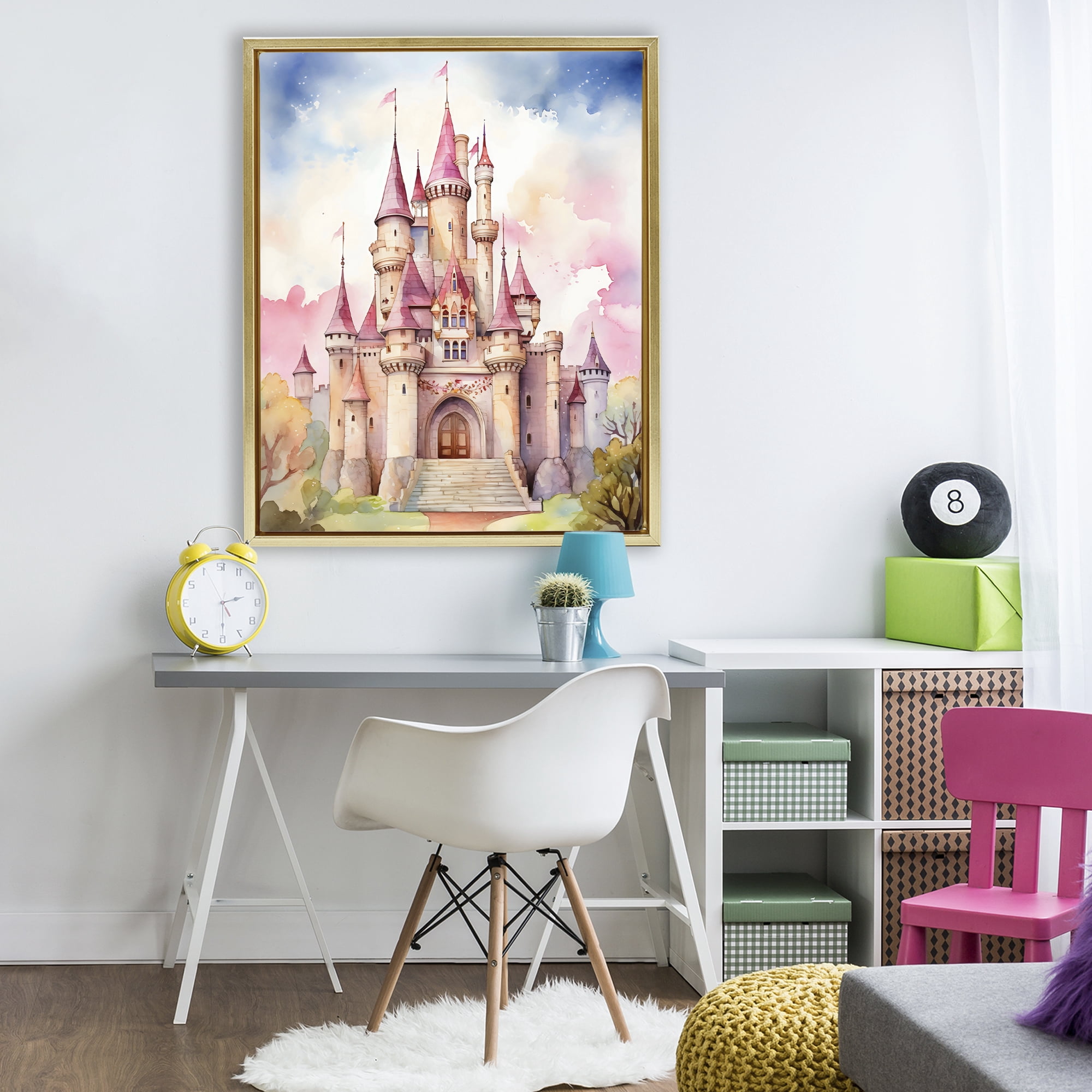 Stupell Industries Princess Castle Watercolor Portrait Gold Framed Floater Canvas Wall Art, design by Creative Studio