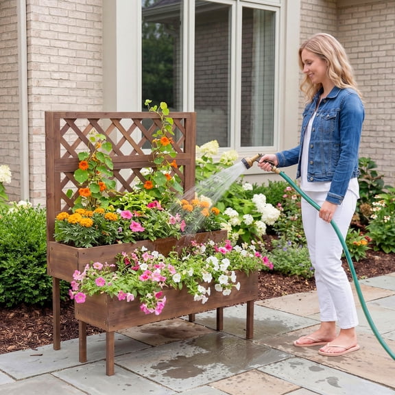 2-Tier Wooden Raised Garden Bed with Trellis,Elevated Planter Box with Legs & Drainage Holes, Outdoor Planter Stand for Backyard, Patio