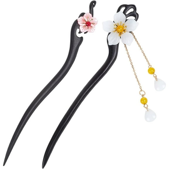 2Pcs 2 Styles Flower Hair Stick Pin Chinese Hairpin with Bead Pendants Asian Japanese Traditional Wood Vintage Retro Hair Chopsticks Forks for Women Buns Updos Holder Headpieces Accessories colorful