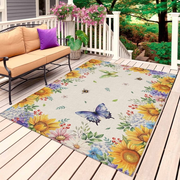 Watercolor Flowers Outdoor Rug 4x6 Ft, Non Slip Washable Area Rug, Spring Sunflowers Daisy Butterflies Beige Patio Rugs Carpet Runner, Large Floor Mat for Indoor/Outdoor Deck Porch Camping