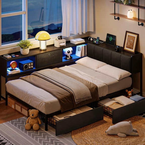 Honfach Twin Corner Bed Frame with Bookcase Storage and LED Lights & Charging Station, Sturdy Platform Daybed with Storage Drawers Underneath for Bedroom ，Black