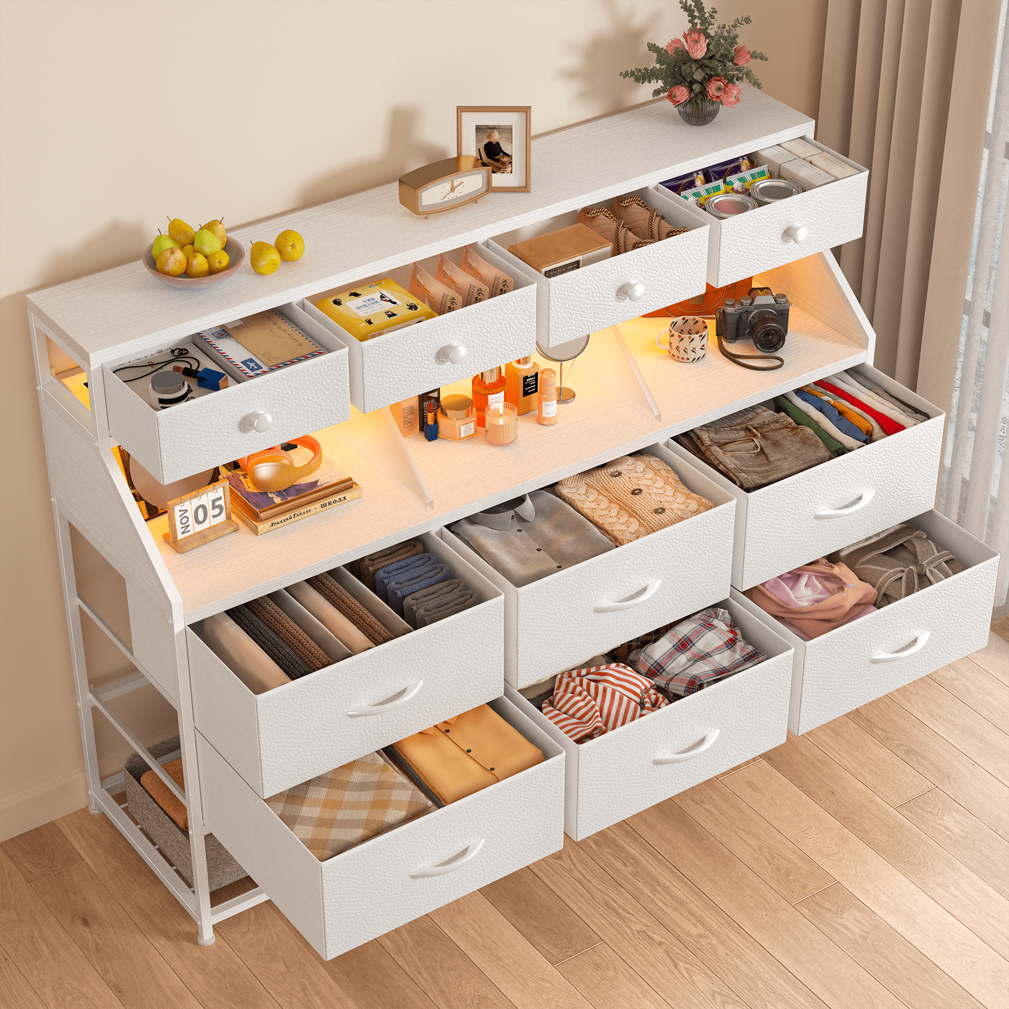 EnHomee White Dresser with Shoe Rack 10 Fabric Drawers Dressers for Bedroom Dressers & Chests of Drawers with Power Outlets and LED Lights