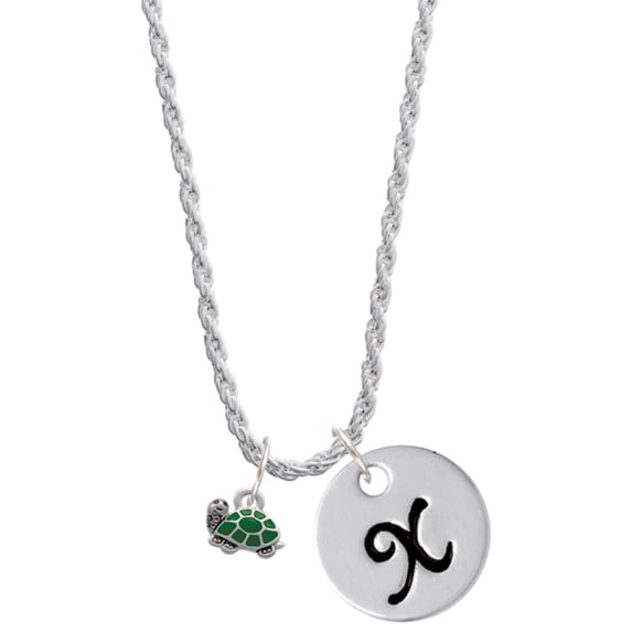 Delight Jewelry Silvertone Mini Green Turtle - Side Silvertone Script Initial Disc - X - Charm Necklace, 20"+3"