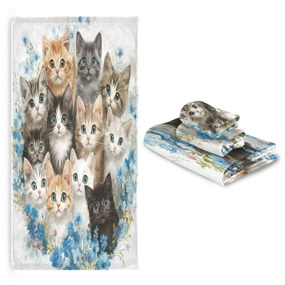 3 Pack Towel Set with Bath Towels, Hand Towels & Washcloths for Everyday Use Different Breeds Cats
