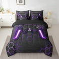 thumbnail image 2 of Manfei Neon Gamepad Twin Bedding Sets 7-Piece,Modern Geometric Honeycomb Bedding Comforter Set 7-Piece,Purple Black Sheet Sets For Boys Kids,Super Cozy Bedroom Decor Reversible, 2 of 7