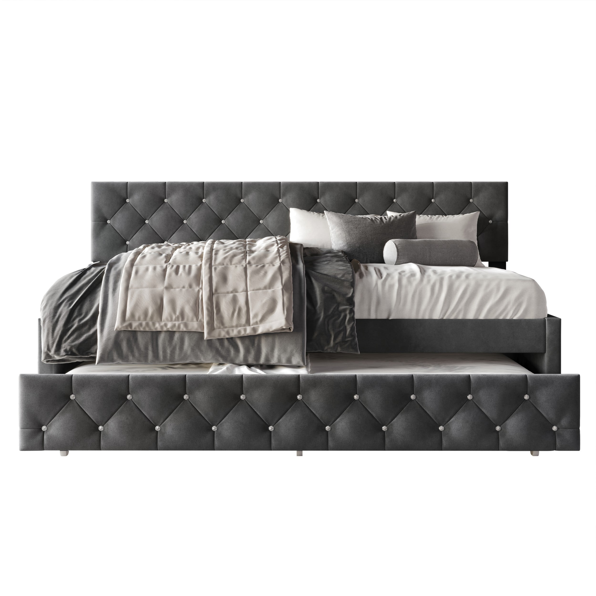 Home Design Darcey Luxurious Velvet Upholstered Daybed with Pull-Out Trundle, Diamond Button Tufted, Dark Gray, Easy Assembly