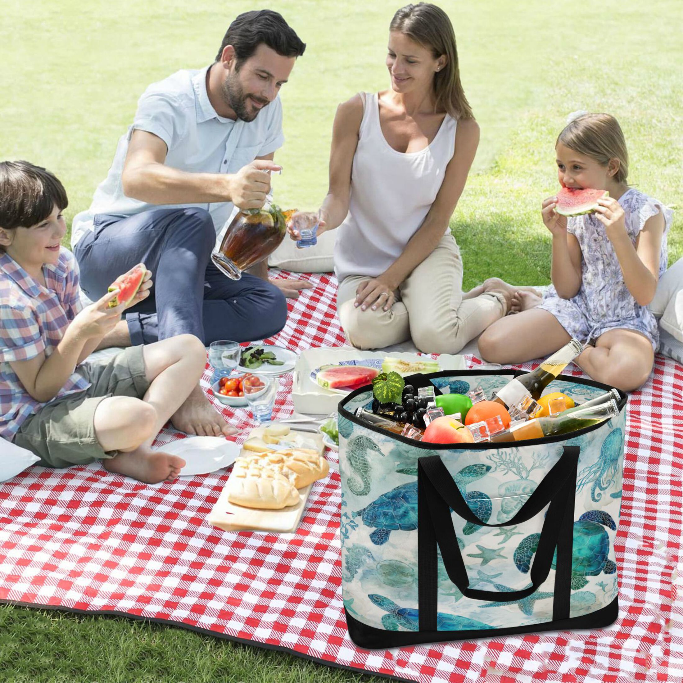 Extra-Large Wide Opening Design Capacity Hand-Held Ice Pack Thickened Insulation Layer For Long-Lasting Cold Retention For Outdoor Shopping Picnics And Camping Green Adorable Sea Creatures