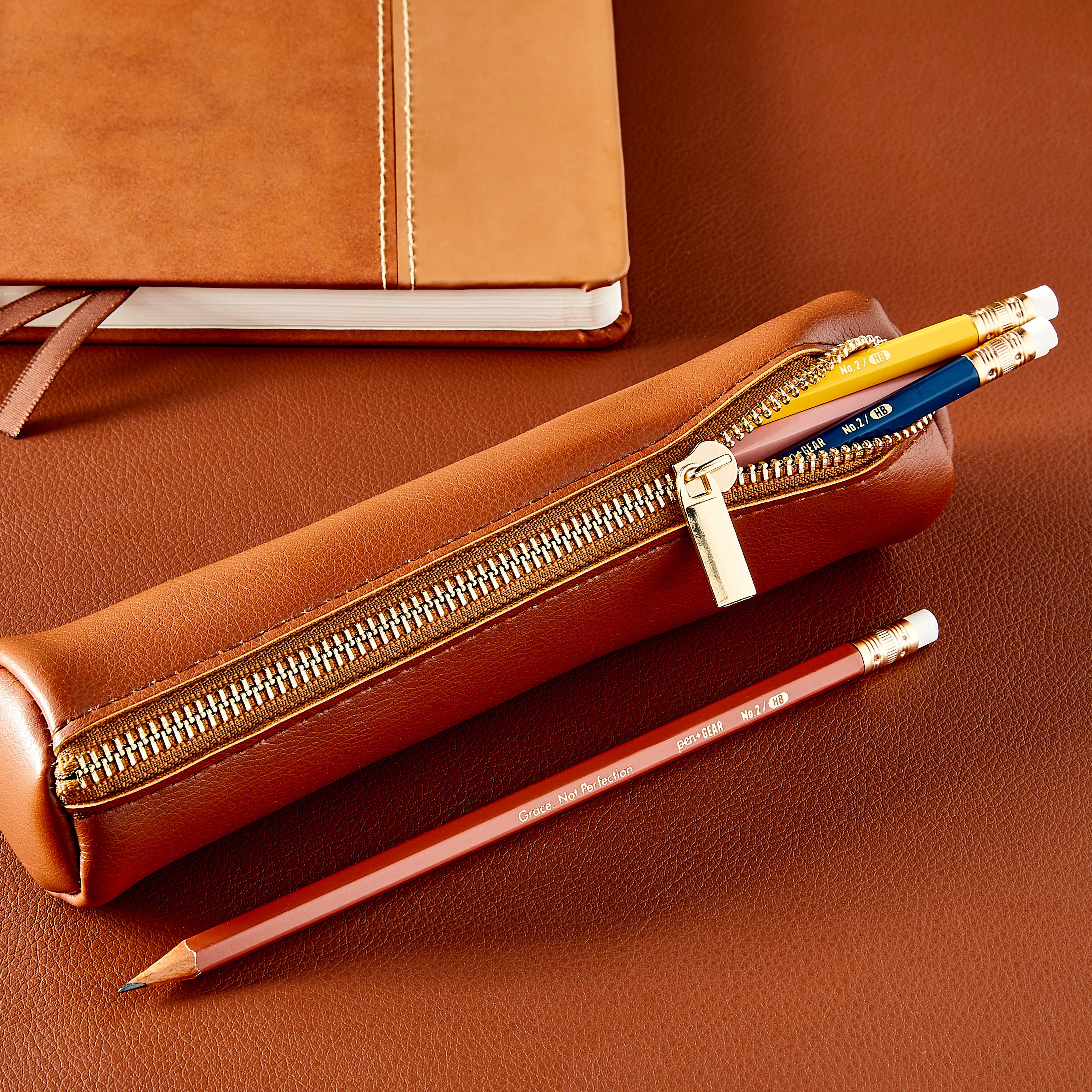 Pen + Gear Simulated Leather Pencil Pouch, Zipper Pull, Cognac Brown