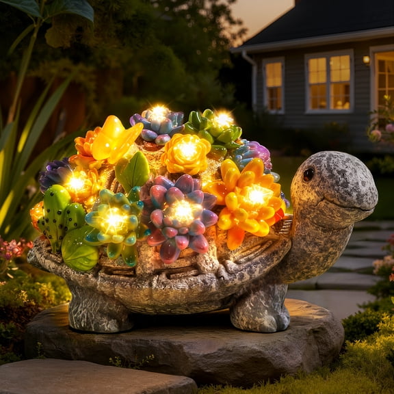 Ollny Solar Garden Turtle Statue Light with Succulent and 8 LED Lights, IP65 Waterproof Resin Tortoise Statues Light for Patio Yard Lawn Decor