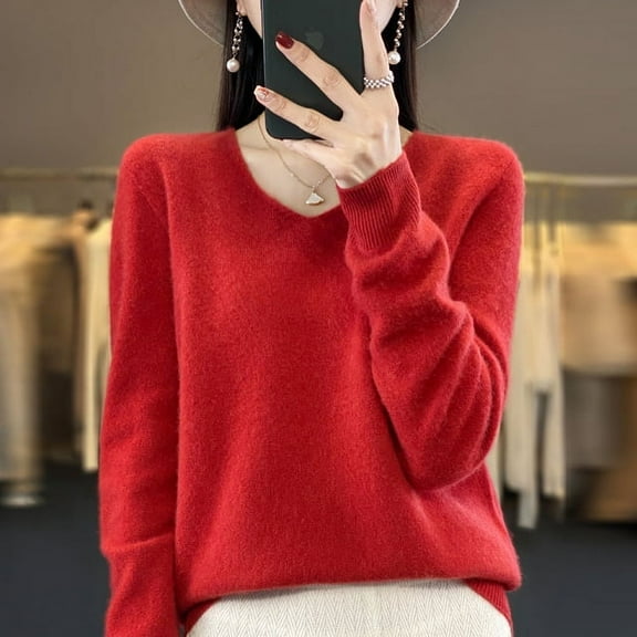 New 100% Merino pure wool sweater in autumn and winter women‘s V-neck knitted long-sleeved solid color warm sweater