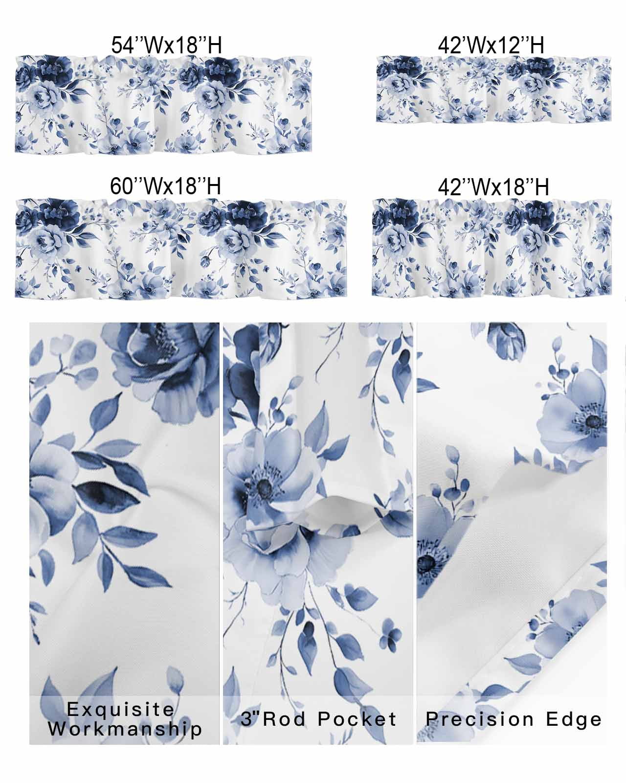 Booming Blue Gradient Floral Curtain Valances for Kitchen Windows,Rod Pocket Short Valance Watercolor Flowers on White Window Treatment for Living Room Bathroom Bedroom,54" x 18"-1 Panel