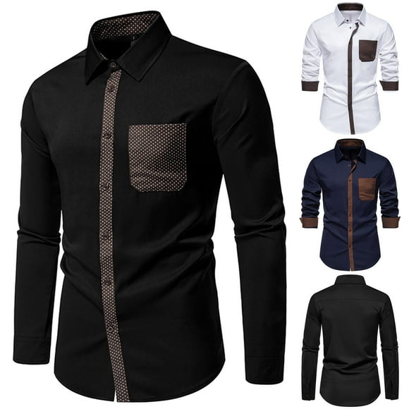 JURANMO Business Casual Shirts for Men 2024 Trendy Polka Dot Patchwork Long Sleeve Shirt Slim Fit Lapel Button Down Work Shirts Lightning Deals White S
