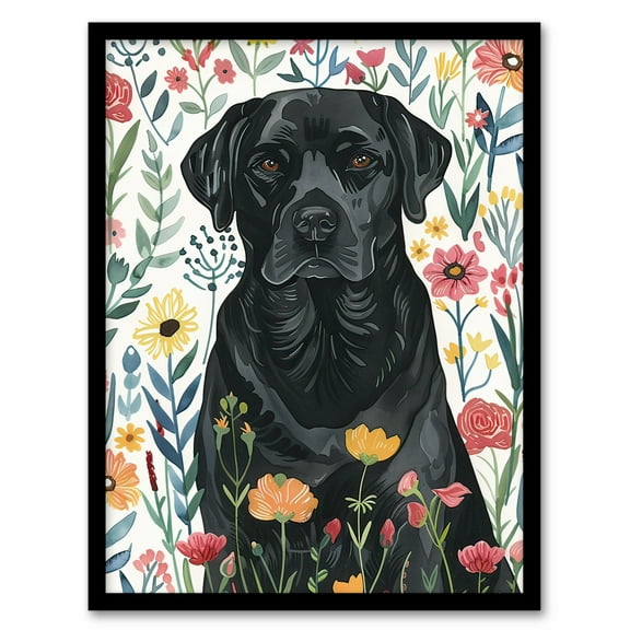 Artery8 Dog Lover Black Labrador in Wildflower Field Living Room Art Print Framed Poster Wall Decor 12x16 inch