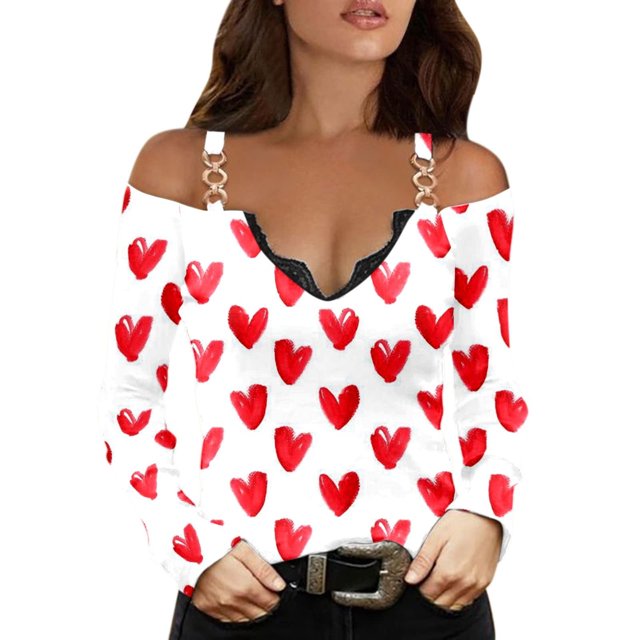 Camiseta de manga larga con cuello en V y estampado de amor para el Día de San Valentín para mujer, camiseta cómoda de capa base, blusa informal ajustada, Tops Pompotops gfhjh21875