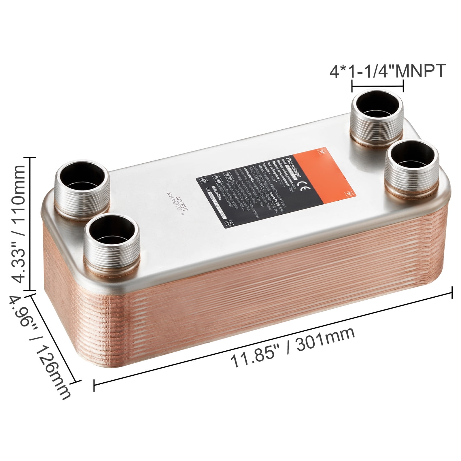 KFFKFF 5"x 12" 30 Plates Brazed Plate Heat Exchanger, Copper/316L Stainless Steel Water-to-Water Heat Exchanger for Floor Heating, Water Heating, Snow Melting, and Beverage Cooling