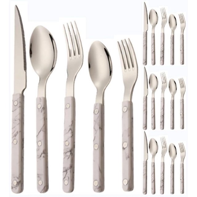 ABS Rivet Handle Marble Pattern Handle Kitchen Stainless Steel Silverware Tableware Flatware Cutlery Knives Forks Spoons Set,Butter Knife Dessert Spoon Fork (5-piece set -4 set,Marbling)