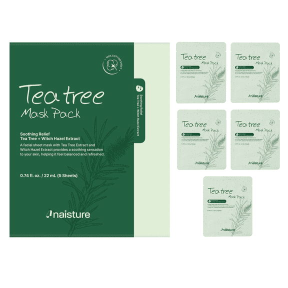 Naisture Tea Tree Hydrating Essence Beauty Face Sheet Mask, Calming & Moisturizing Skincare, 5 Count