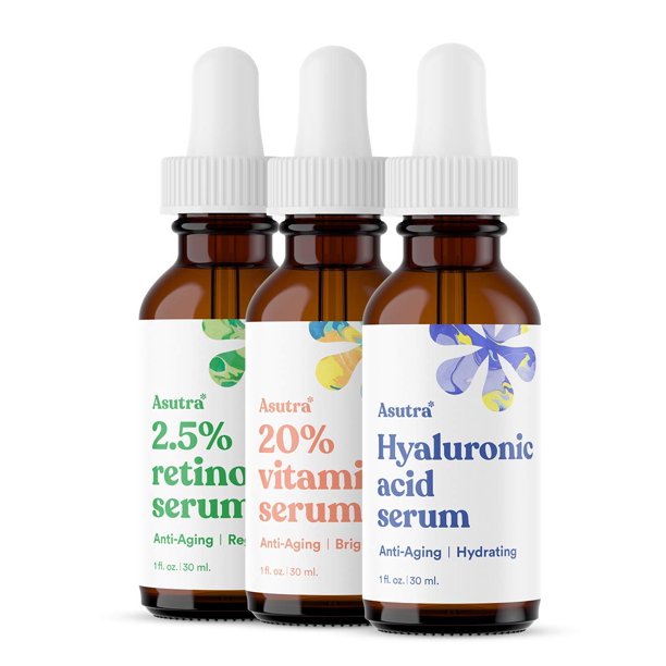 Paquete variado de suero ASUTRA, 3 productos: 1 fl oz de suero facial con retinol al 2,5 % 1 lf oz de suero facial con 20 % de vitamina C 1 fl oz de suero facial con ácido hialurónico