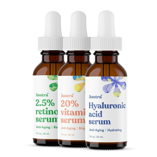 Paquete variado de suero ASUTRA, 3 productos: 1 fl oz de suero facial con retinol al 2,5 % 1 lf oz de suero facial con 20 % de vitamina C 1 fl oz de suero facial con ácido hialurónico