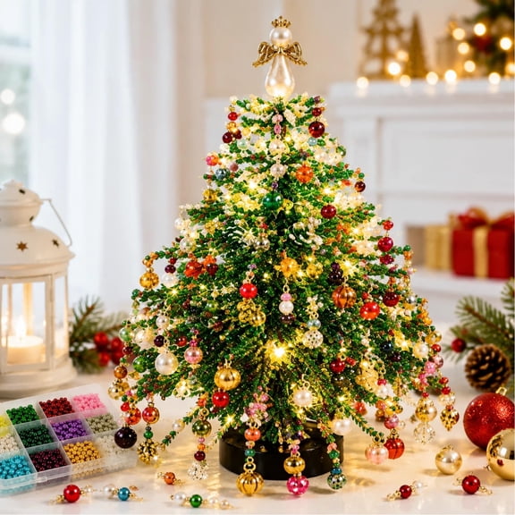 DIY Beaded Christmas Tree Kit, 3D Crystal Bead Holiday Decor Craft Set for Adults, Colorful Beads and Wire with Instructions