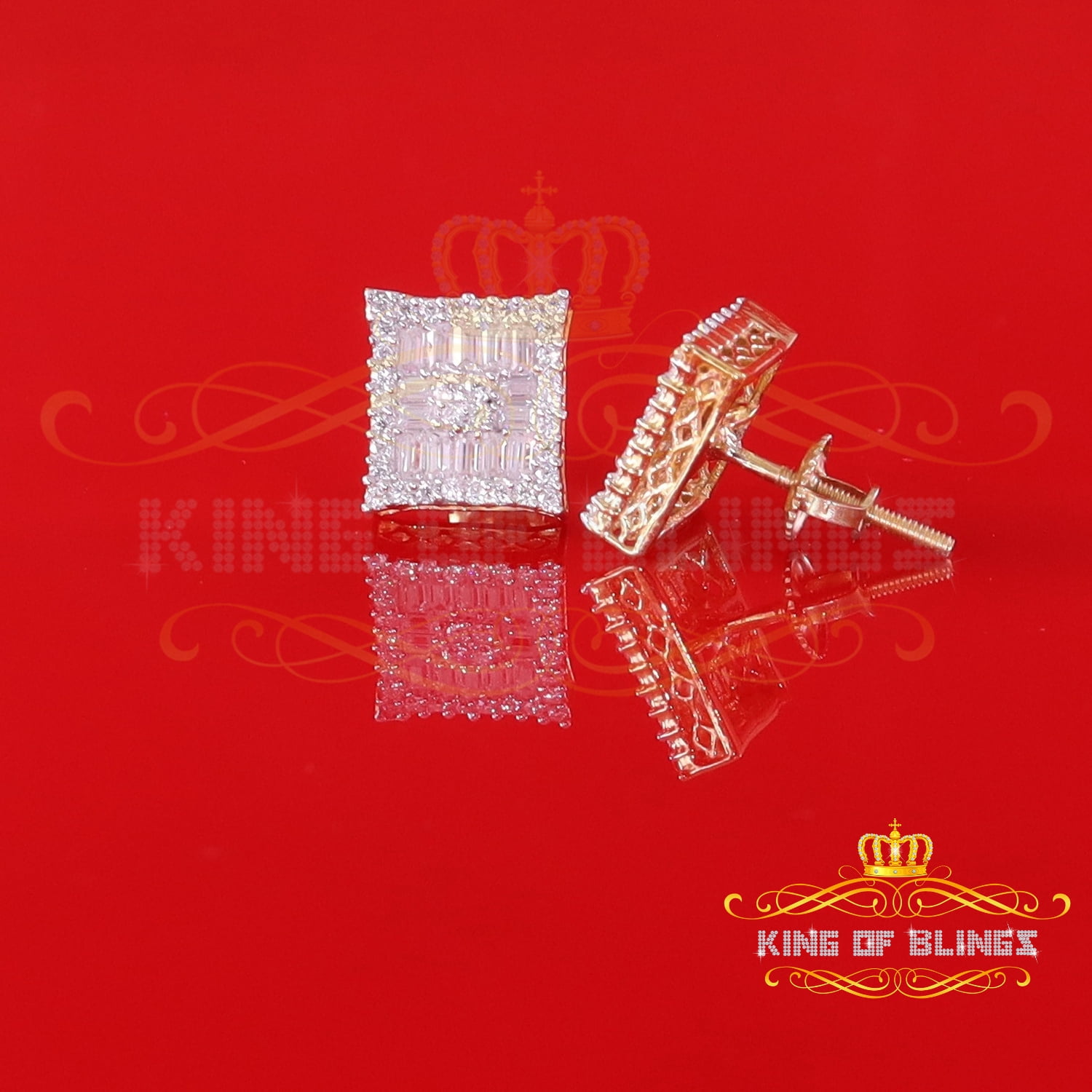 King of Bling's Men's/Women's 925 Silver Yellow 1.00ct VVS 'D' Moissanite Baguette Stud Earrings