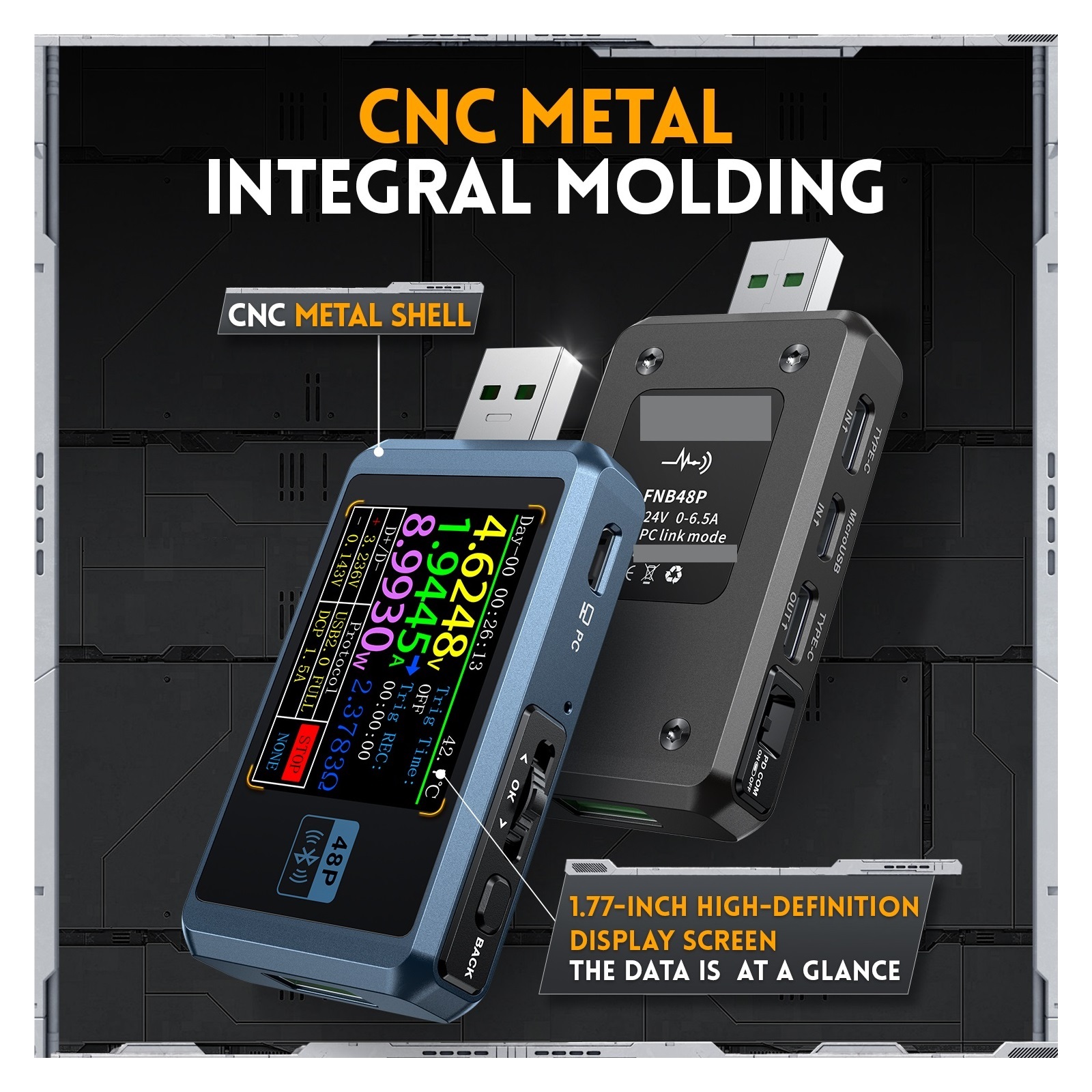 USB Tester Voltmeter Ammeter TYPE-C Fast Charge Detection Trigger Capacity Ripple Measurement With CNC Metal Shell ,Live Data