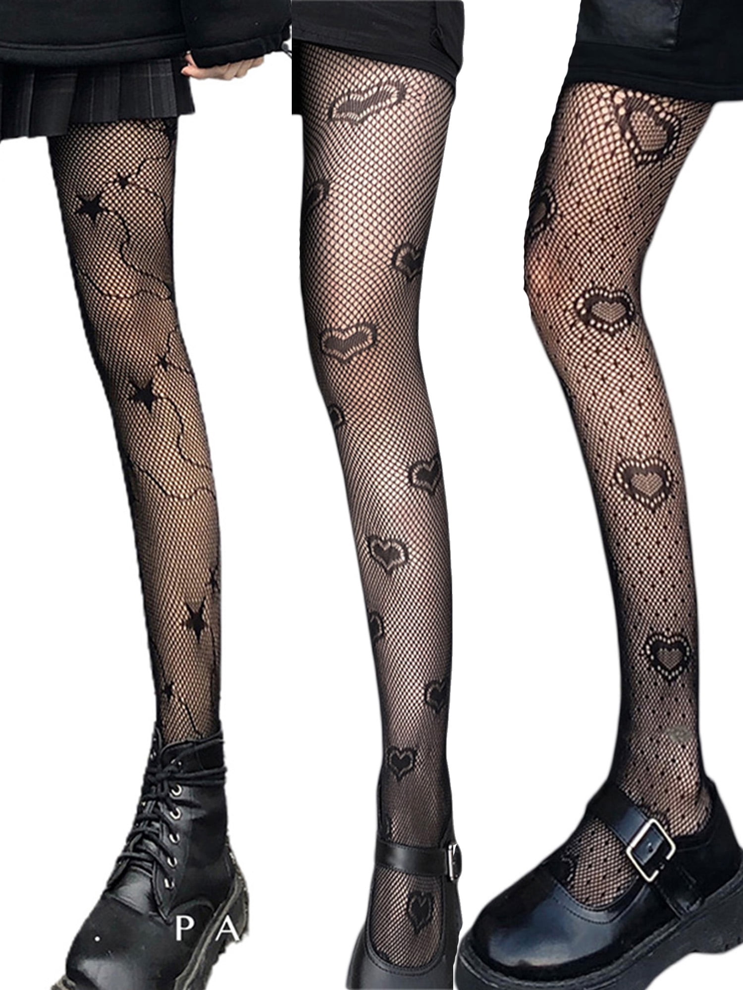 Jbeelate Women Grunge Pattern Fishnets Tights for Sexy Pantyhose Stockings Gothic Mesh Heart Lace Party Leggings, Women's, Size: One size, Black