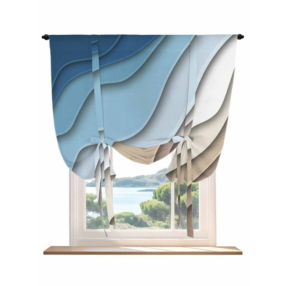 Blue White Brown, Tie Up Curtains for Windows 45 Inch Length Balloon Curtains Kitchen Adjustable Balloon Window Shade Abstract Modern Ocean Seawaves Geometric Art Tie Up Bathroom Curtain 34"x45"
