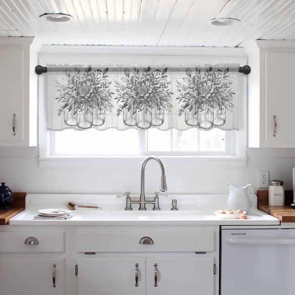 Eucalyptus Gray Valance Curtains for Kitchen/Living Room/Bathroom/Bedroom Window, Stripes Flower Cactus Plant Rod Pocket Small Topper Half Short Window Curtains Voile Sheer Scarf 60"x18"