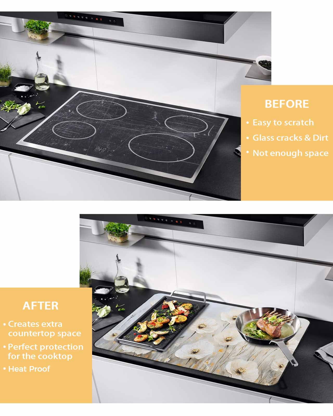 nqOlkjepod Large Induction Cooktop Protector Mat 36"x21", Daisies Flowers Stove Top Covers for Electric Stove, Modern Smear Art Neutral Textured Stove Burner Cover Mats, Glass Top Stove Cover