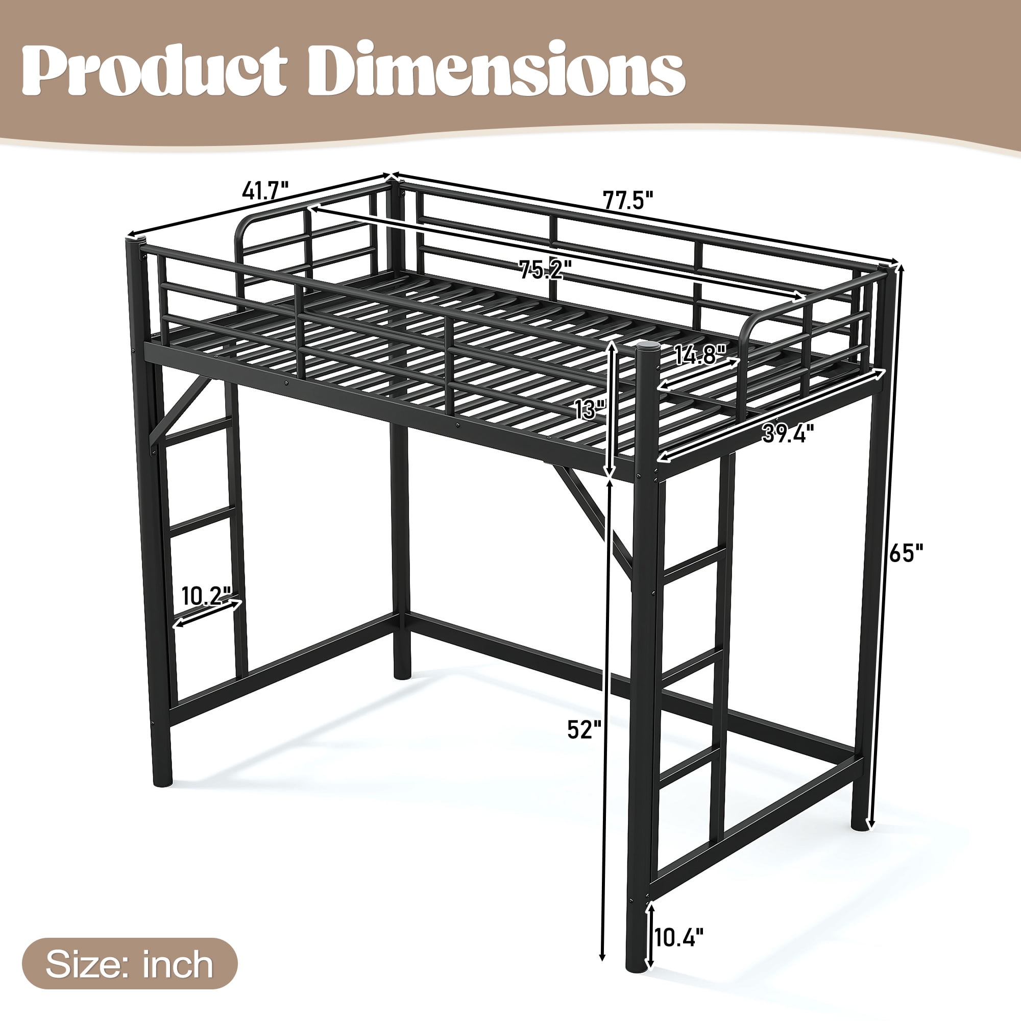 Leumius Twin Size Metal Loft Bed,Heavy Duty Metal Bed Frame with 2 Ladders and Full-Length Guardrail,Sturdy Steel Slats Support,