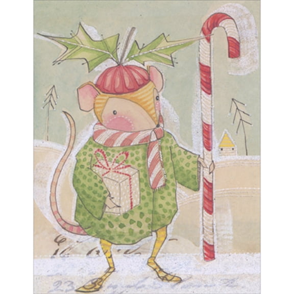 Madison Park Greetings Mouse with Green Coat Holiding Present and Candy Cane Box of 10 Christmas Cards