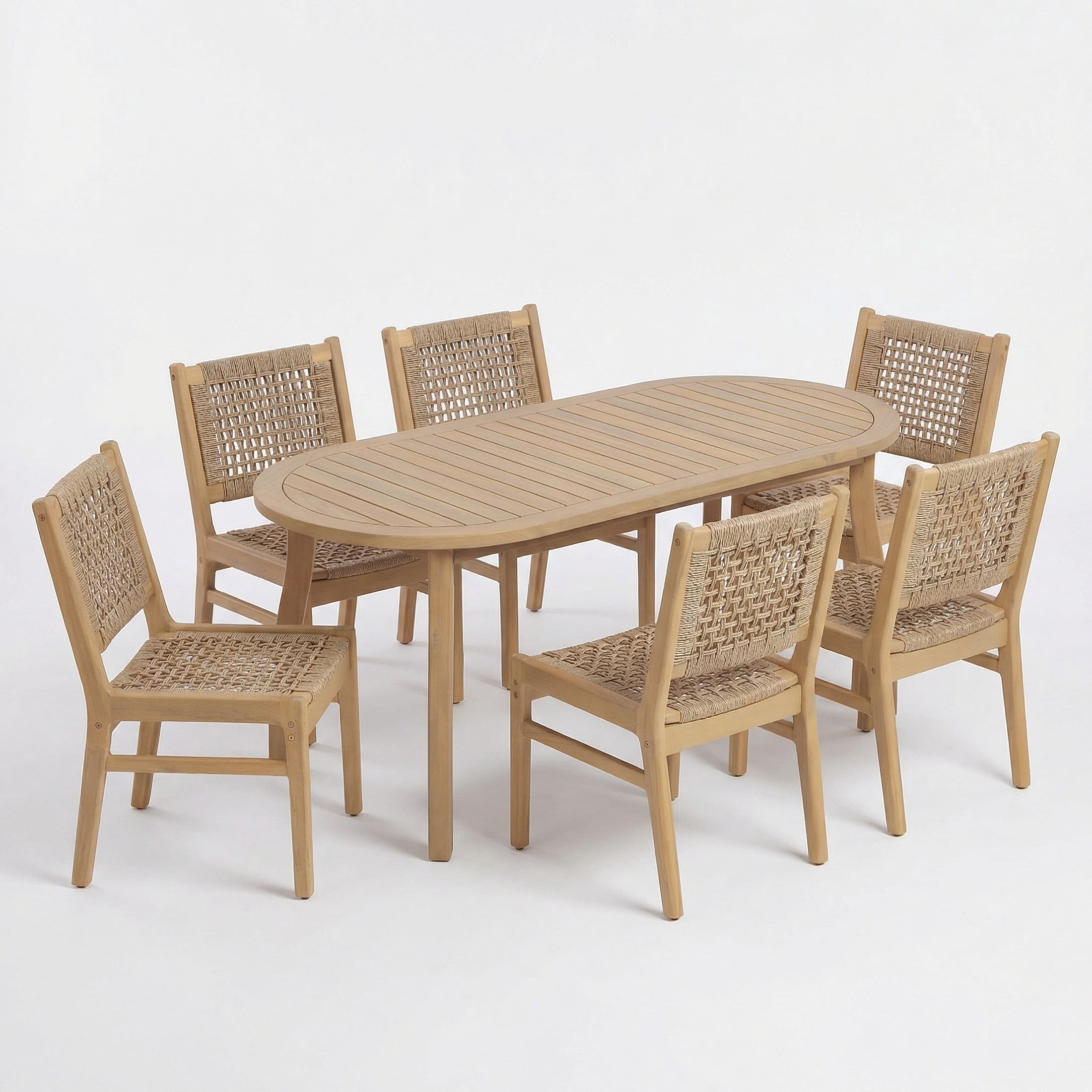 Christopher Knight Home 7-Piece Boho Patio Wooden Dining Set, Oval Table with Wicker Chairs, Light Brown