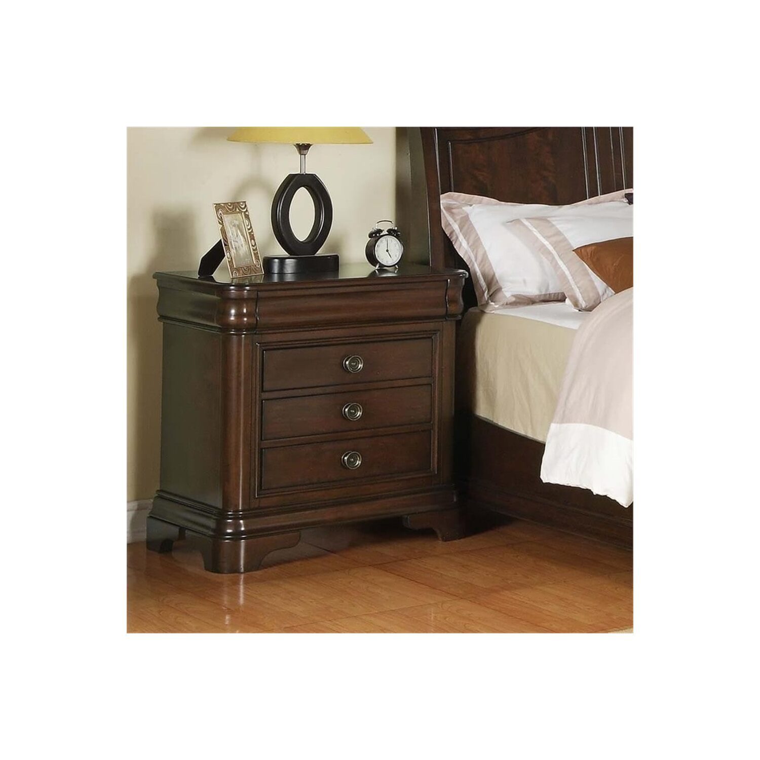 HomeStock Island Interiors Cherry Nightstand 18" x 30" x 30" with 3 Spacious Drawers, Felt Lined Top Drawer, Antique Brass Knobs, and Traditional Cherry Finish