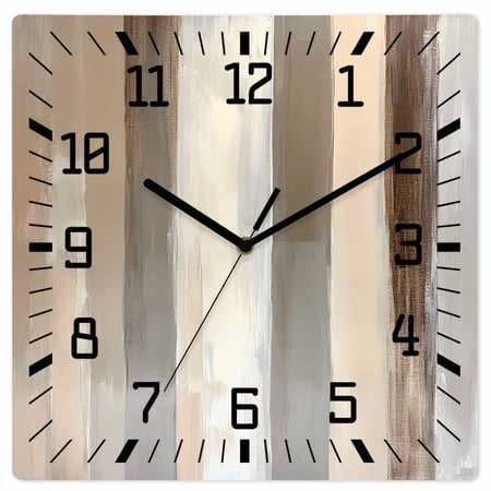 Brown Grey Wooden Wall Clock Silent Non Ticking, Abstract Neutral Textured Modern Minimalist Square Wall Brown Grey Wooden Wall Clock Silent Non Ticking, Abstract Neutral Textured Modern Minimalist Square