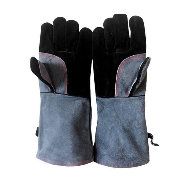 Un par de guantes de piel de vaca aislantes premium resistentes al calor para barbacoa, horno, parrilla, cocina, horneado, ahumado, chimenea y soldadura eléctrica.