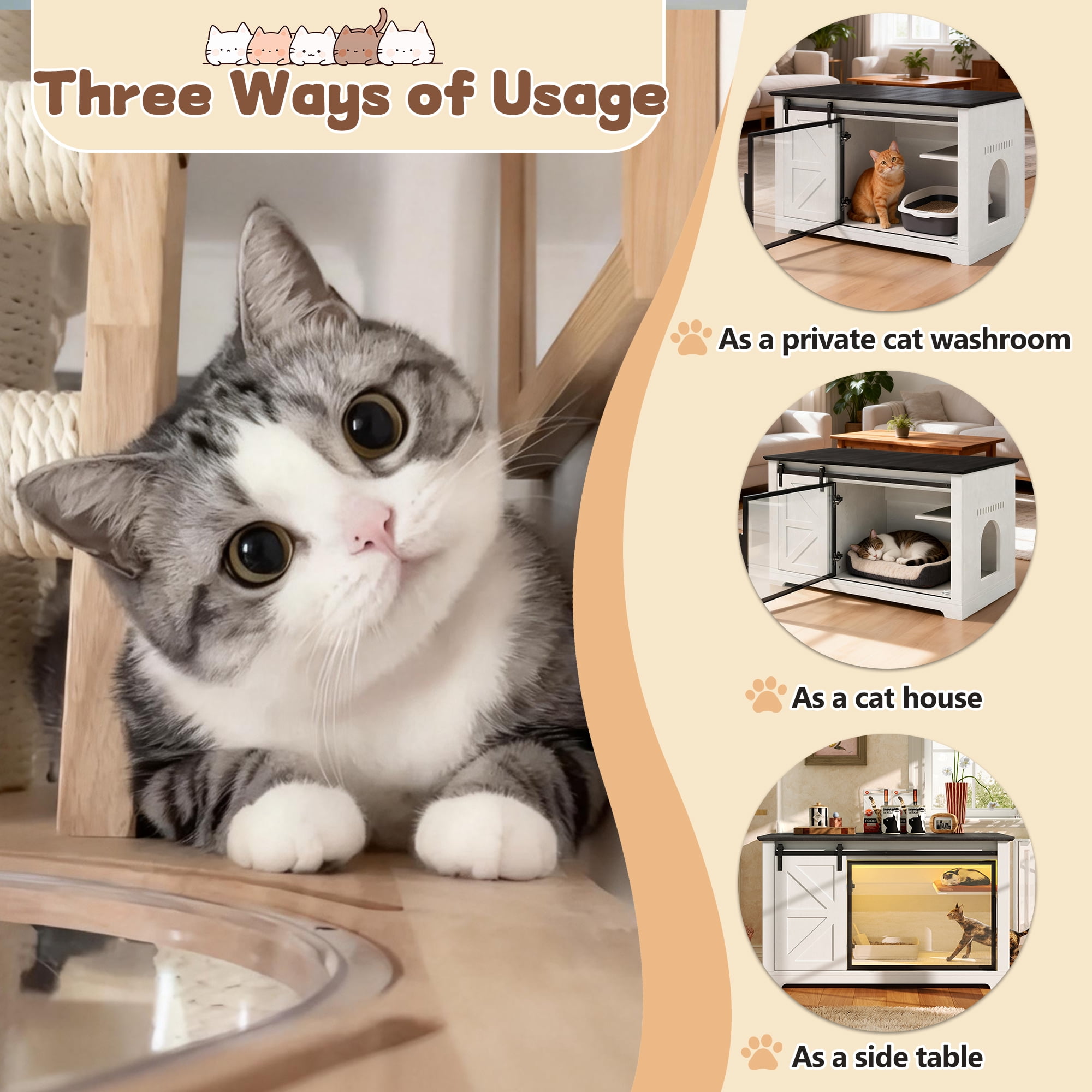 46" Farmhouse Cat Litter Box Enclosure with Sliding Barn Door, White Large Hidden Acrylic Door Cat Cabienet with LED Light, Cat Washroom Furniture with Storage Cabinet, Cat House Nightstand