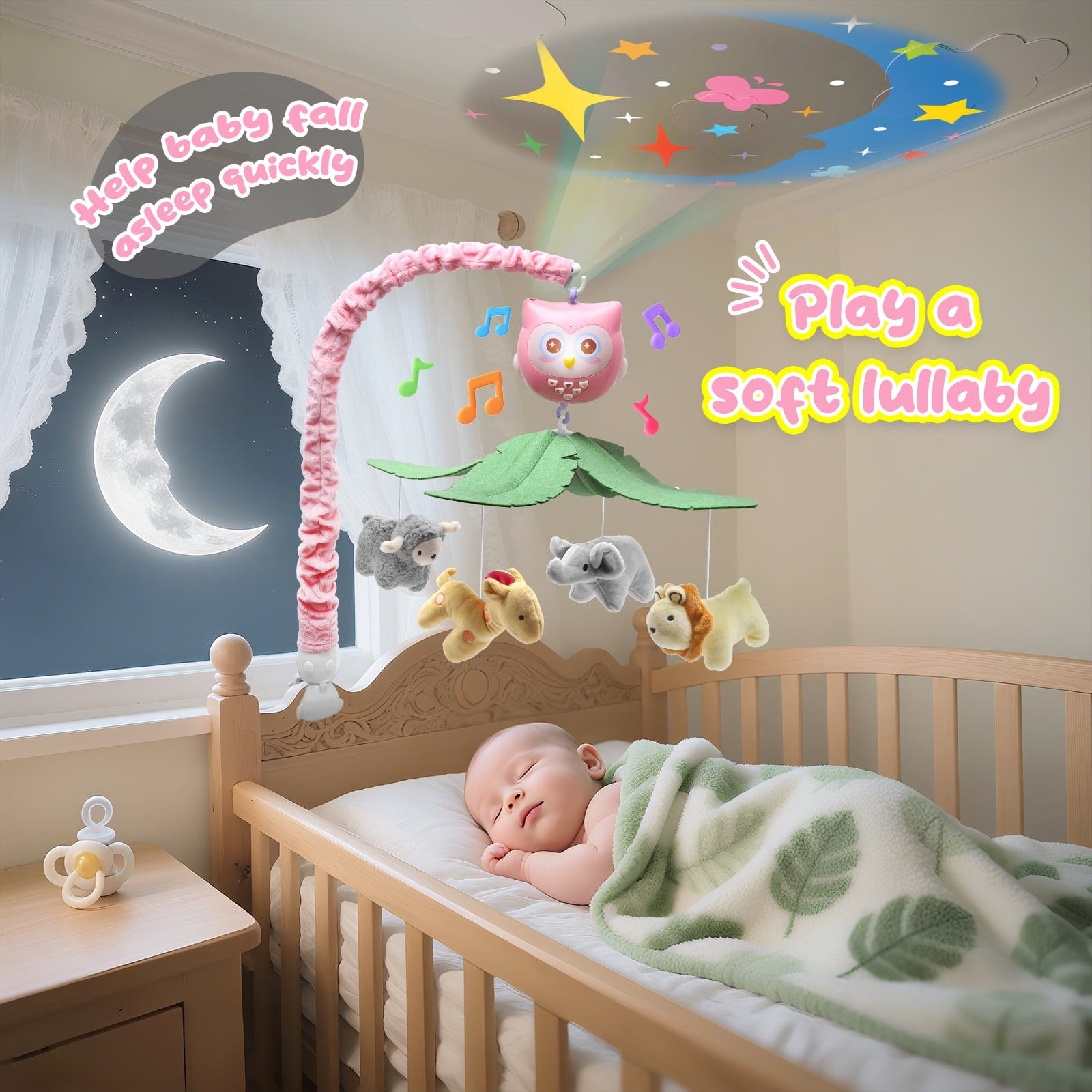 SUMWE Baby Crib Mobile with Music and Lights for Boys Musical Mobile Animals for Crib Bassinet Girls Toys Hanging Portable Safari Nursery Decor Pink