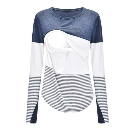

Zlekejiko Splicing O-Neck Long Women Stripe Tops Pregnant Maternity Sleeve Blouse Maternity blouse